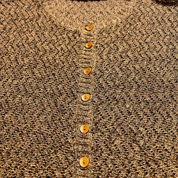 Vintage 90s Short Sleeve Button Up Cardigan Light Brown Zig Zag Crochet Knit Y2K - Picture 3 of 5